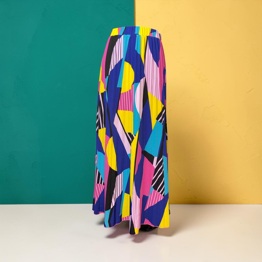 Multi Color Geometric Abstract Print Pleated Maxi Skirt Elastic Waist Flowy